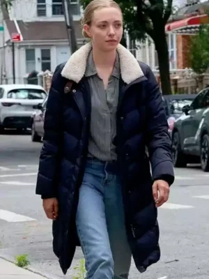 Long Bright River Amanda Seyfried Blue Puffer Coat