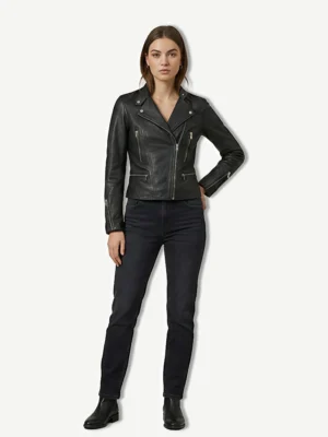 Full-length second product front image view of the black leather motorcycle jacket, featuring multiple silver zippers and a lapel collar.