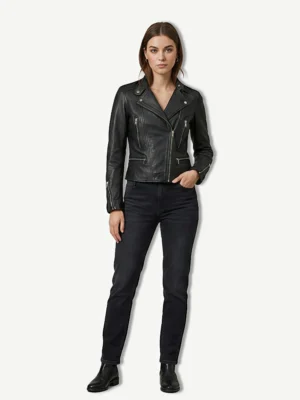 Women's black leather biker jacket, similar to the one worn by Alicia Vikander as Lara Croft in Tomb Raider - Front Main View