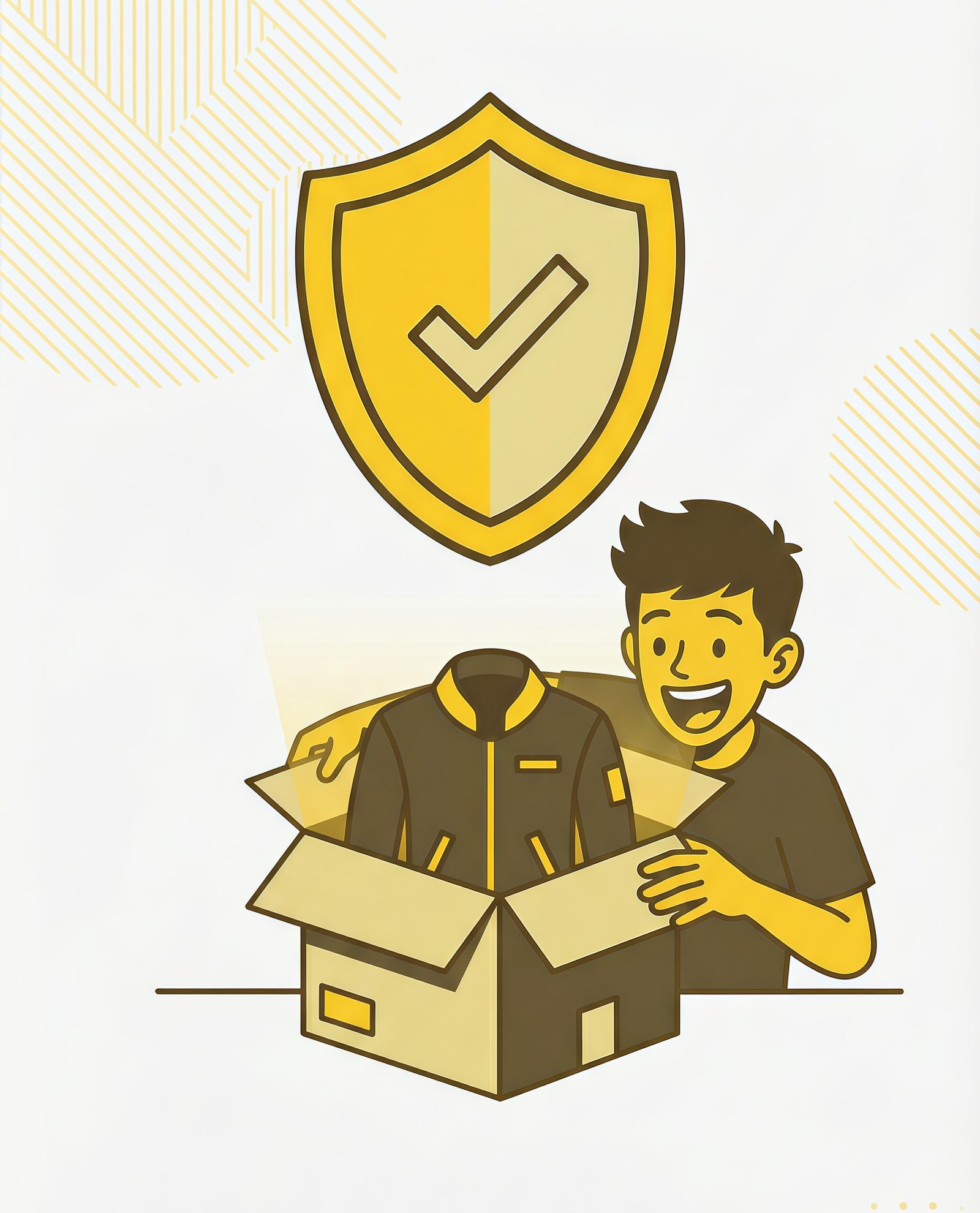Americans Fashion Outfit satisfaction guarantee illustration showing a security shield, an open delivery box with a screen-accurate jacket, and a verified quality certificate