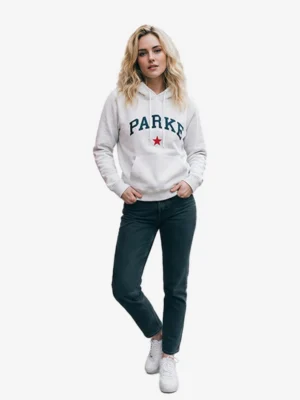 Parke Varsity Star Hoodie in lightweight Heritage Cotton Terry fabric, front view on model