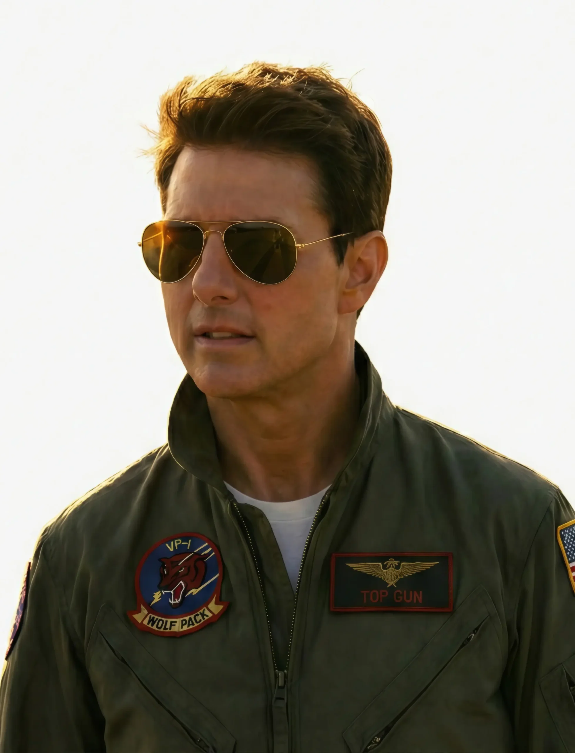 Portrait of Tom Cruise wearing iconic green Top Gun flight jacket with aviation patches and aviator sunglasses - Celebrity Outfits collection.
